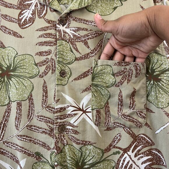 Island Republic Shirt Mens Large Green Tan Floral 100% Silk Hawaiian Vacation - Picture 6 of 12